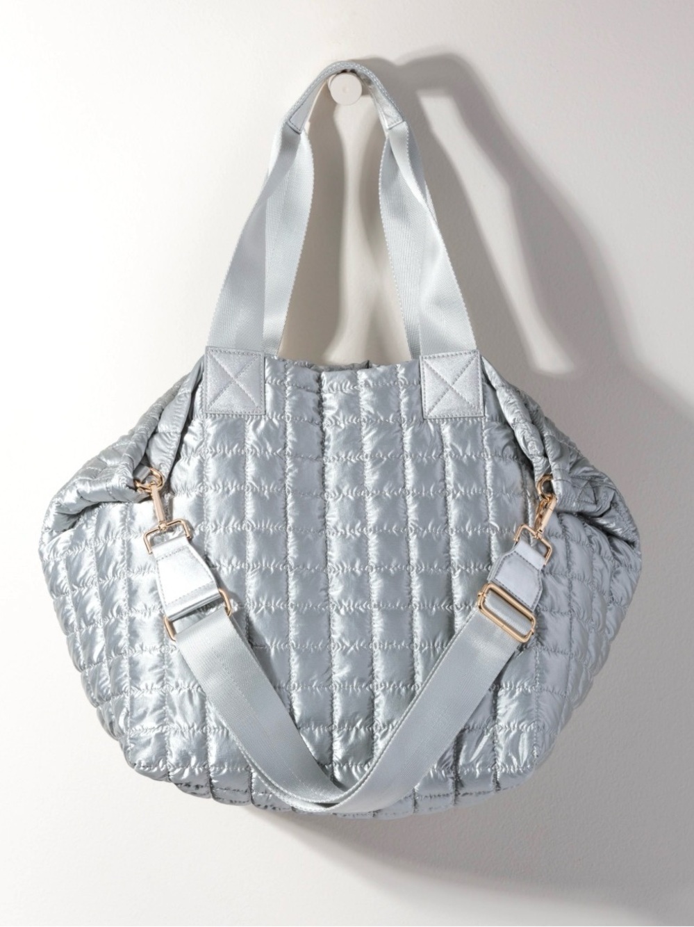 Shiraleah Quilted Logan Metallic Silver Tote Bag with Adjustable Strap
